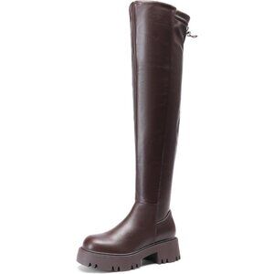 Women's Brown-pu Faux Leather Over The Knee Lug Sole Round Toe Fall Long Boots
